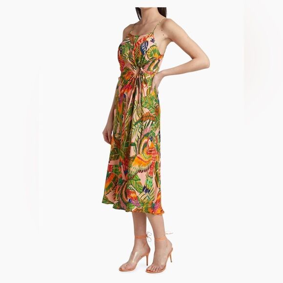 FARM RIO NWT Macaw Leaves Cut-Out Midi Dress Size L $225.00 NWT - Picture 1 of 10